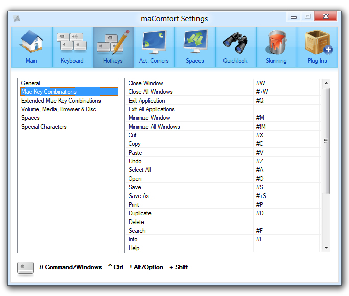 maComfort - key combination settings
