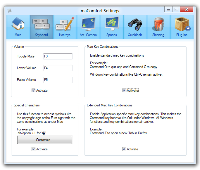 maComfort - keyboard settings