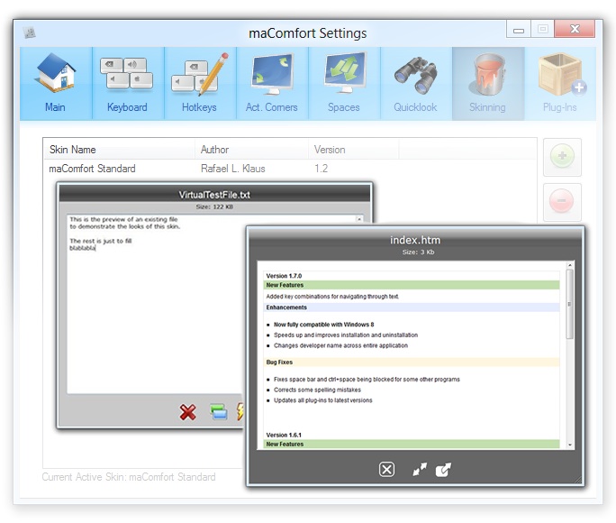 maComfort - skinning settings