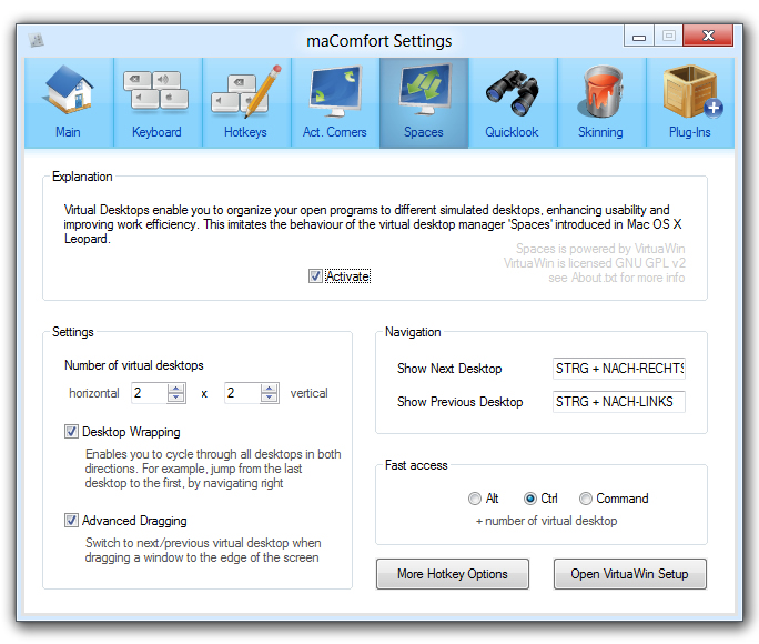 maComfort - Spaces settings